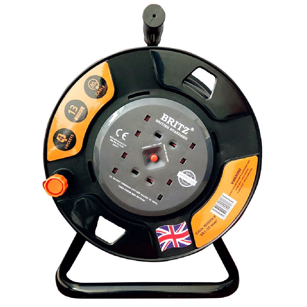 Britz 4-Way Cable Extension Reel With Surge Protector 30M